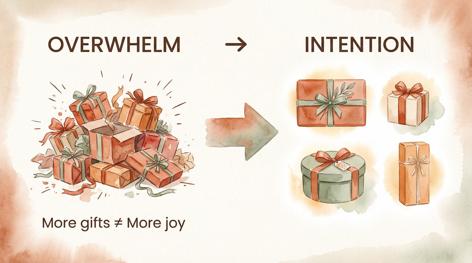 Before and after comparison showing scattered gift pile transforming into four organized gifts with arrow between