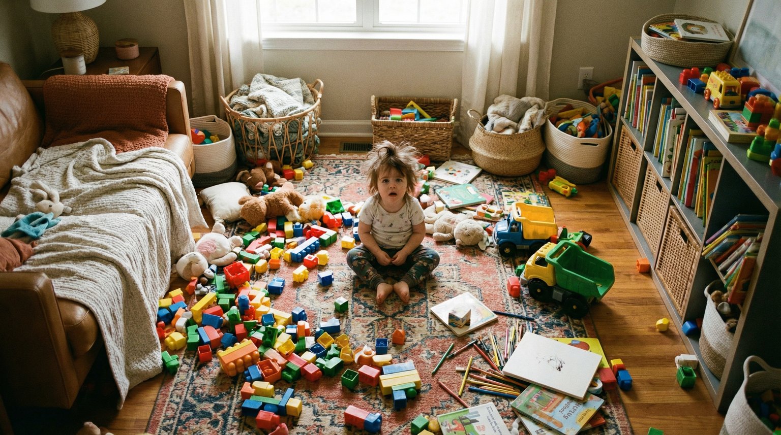 Toddler looking overwhelmed sitting among scattered colorful toys in messy playroom