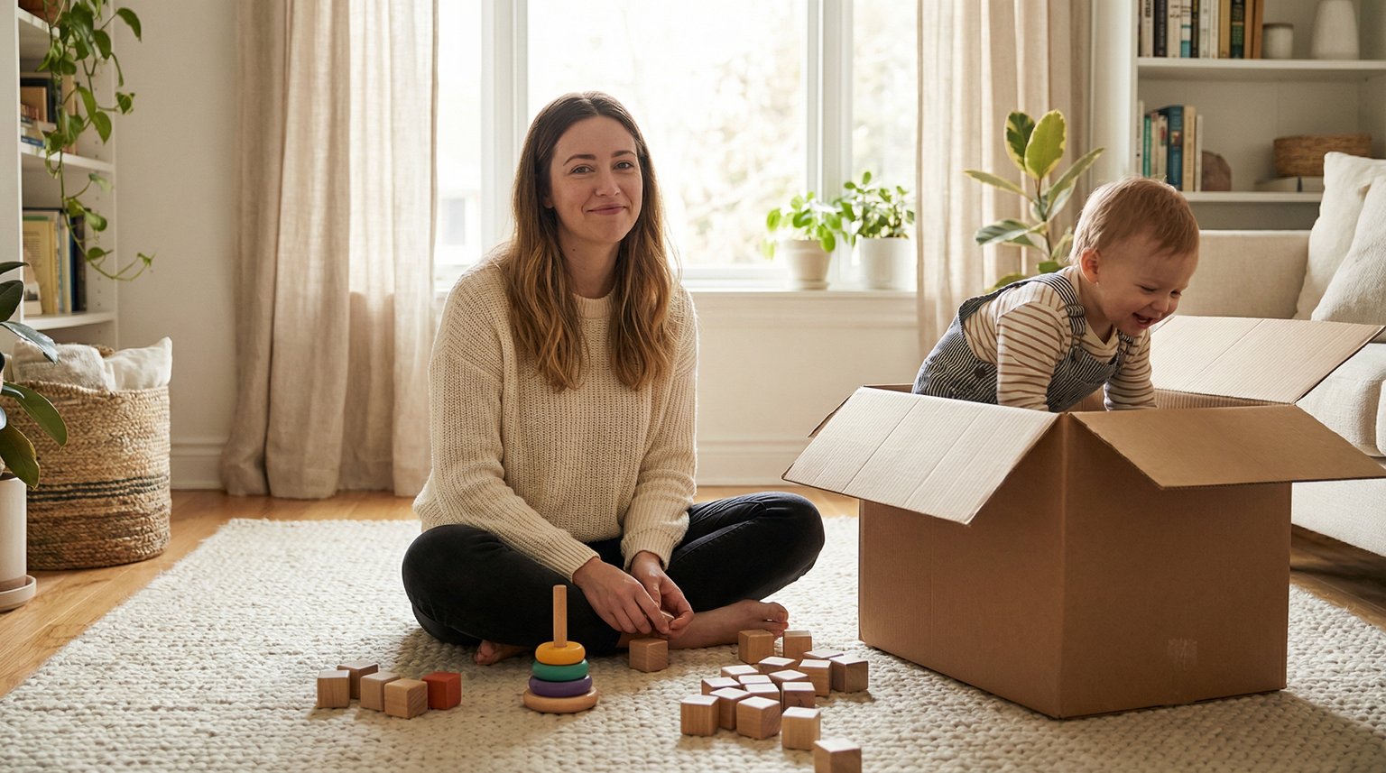 Young mother sitting on rug surrounded by simple wooden toys while toddler happily climbs into cardboard box