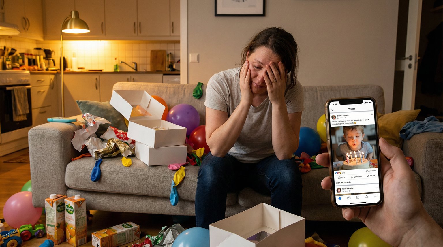Tired parent surrounded by birthday party supplies and half-inflated balloons looking at phone