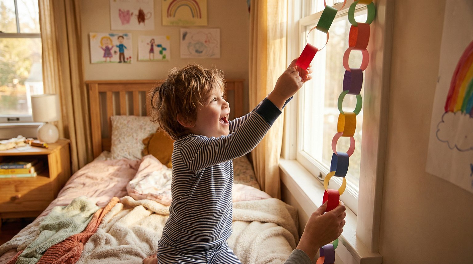 Preschool child excitedly removing link from colorful paper chain countdown on bedroom wall