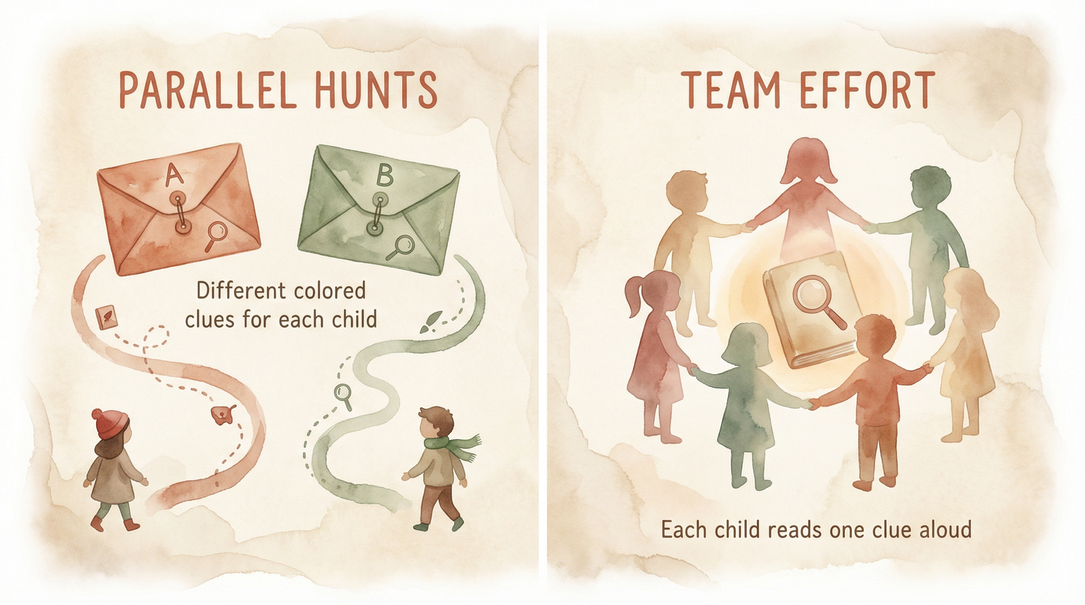 Two-panel comparison showing parallel hunts with different colored envelopes and team effort with children reading clues aloud