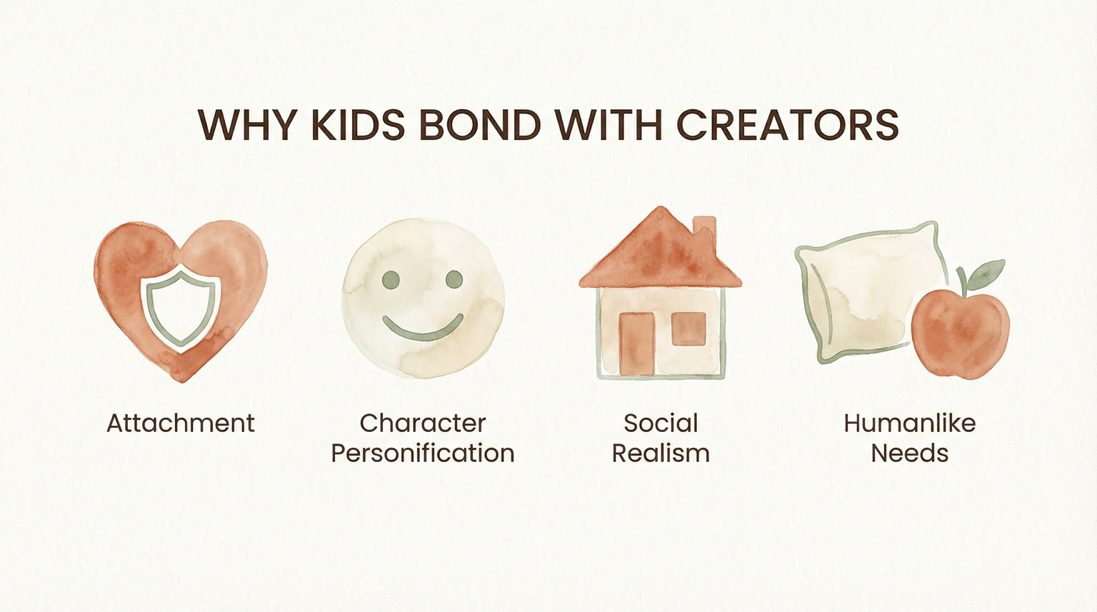 Infographic showing four factors of parasocial bonding: attachment, character personification, social realism, humanlike needs