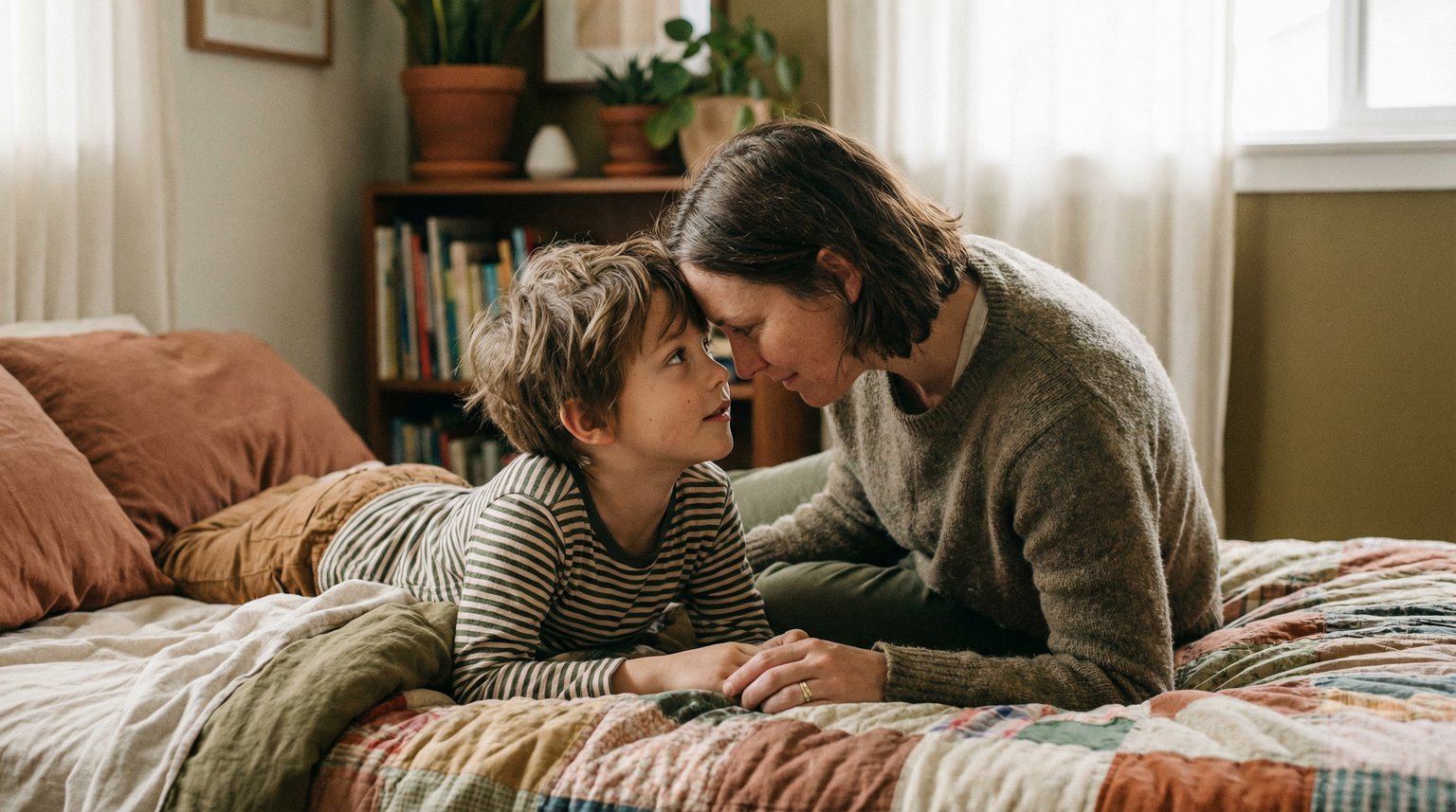 Parent and child sitting together on bed having quiet conversation with parent showing apologetic gentle expression