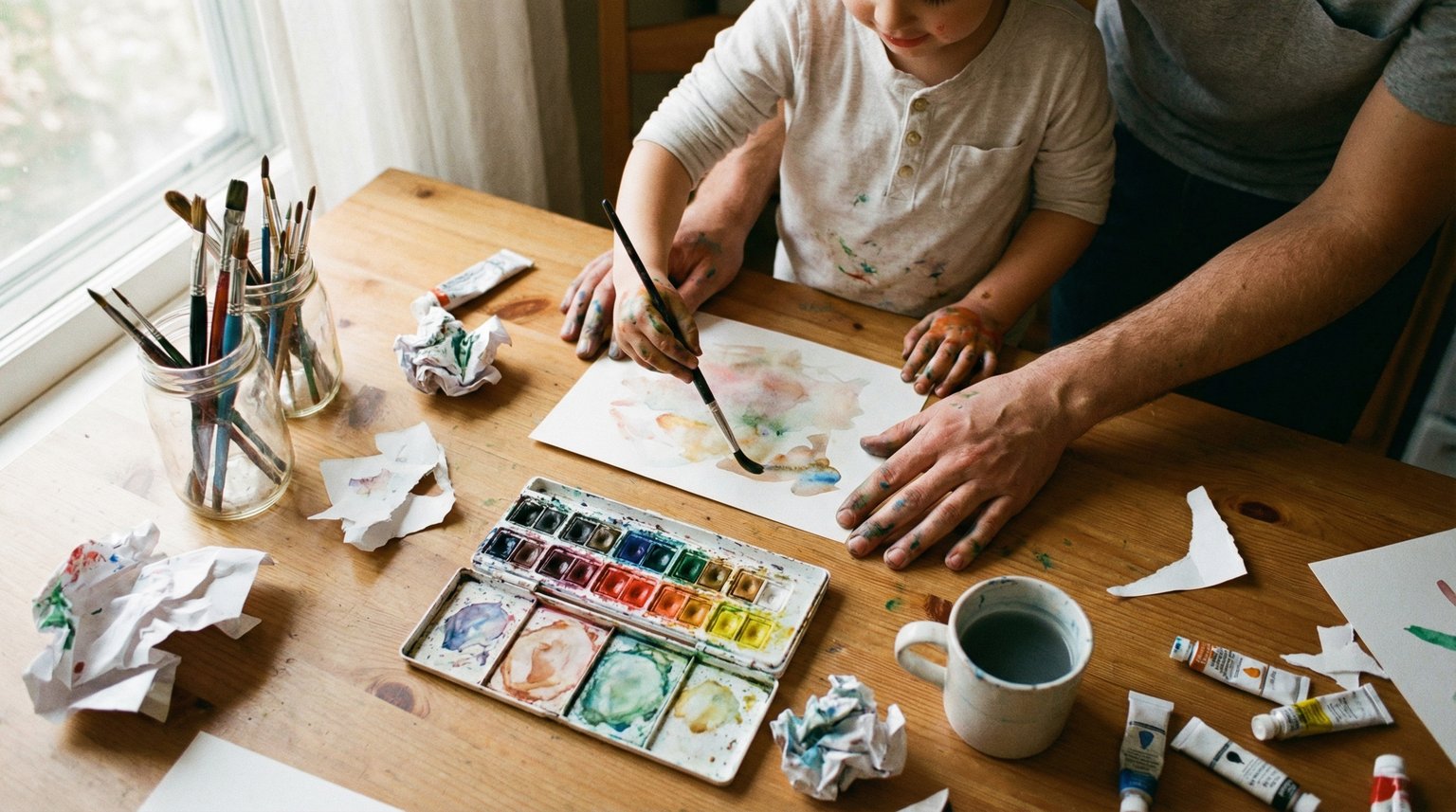 Parent and child hands working together on watercolor art project at messy kitchen table