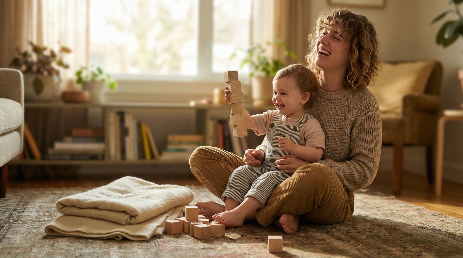Young parent and toddler laughing together while playing with wooden blocks on living room floor