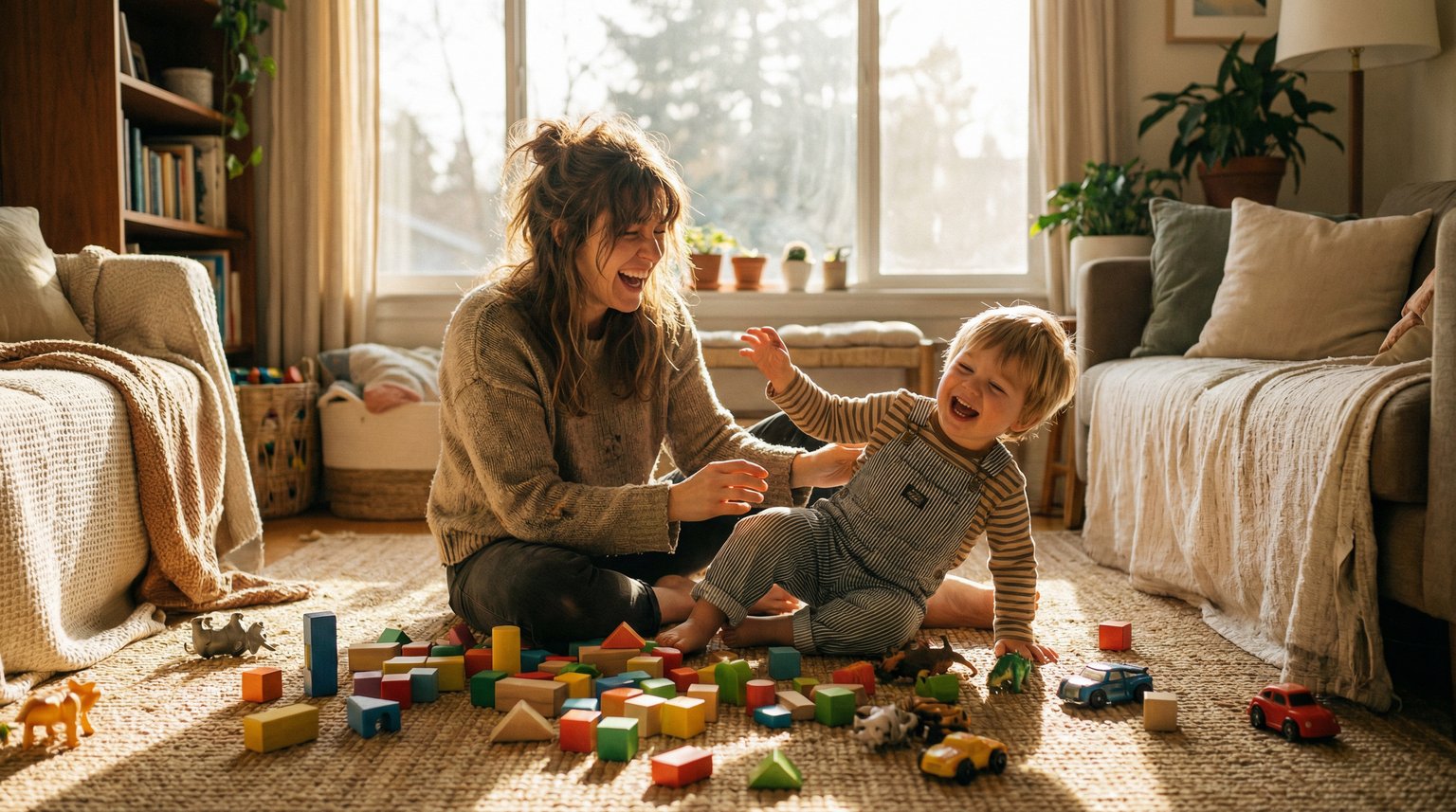 Parent and child laughing together while playing with building blocks on living room floor