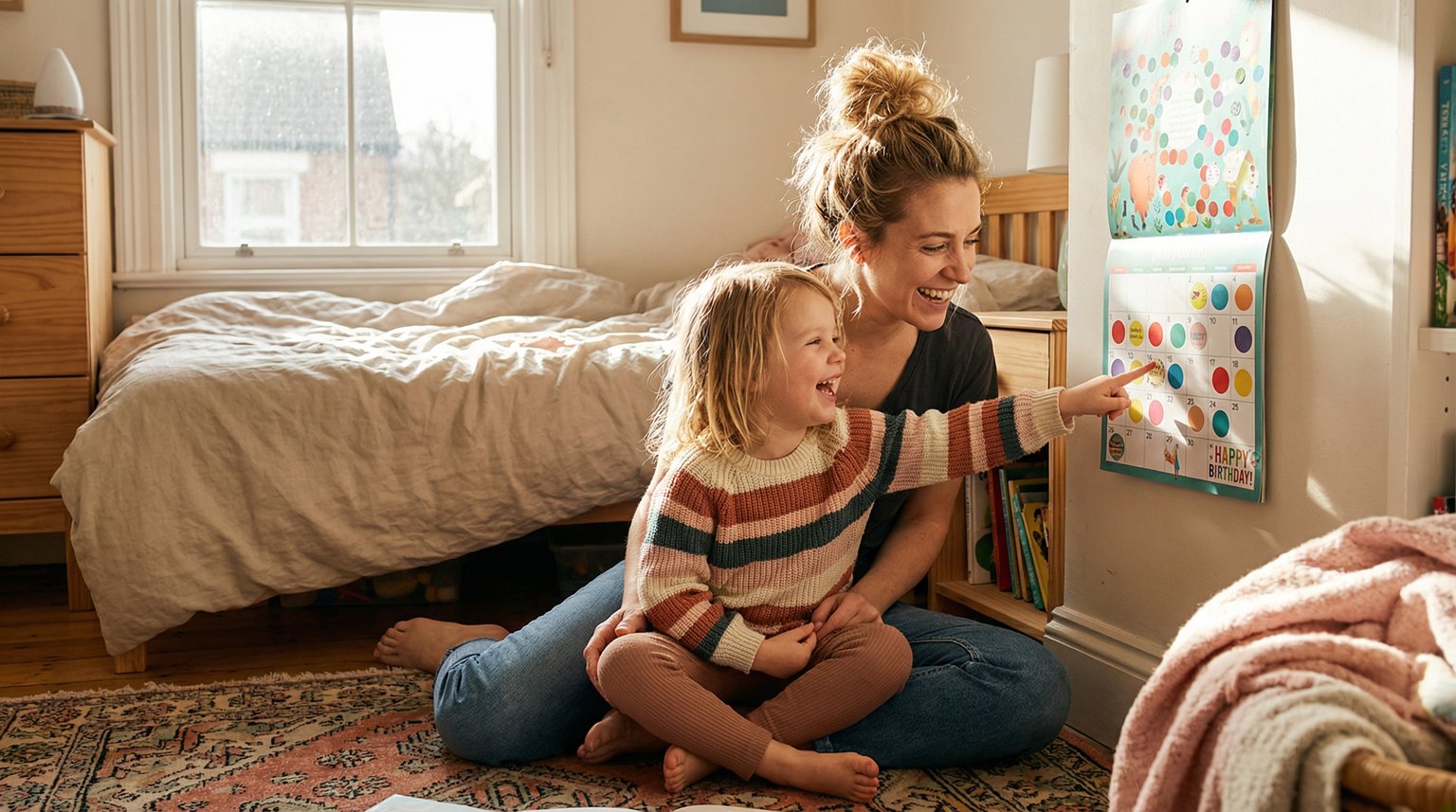 Parent and preschooler sitting on bedroom floor looking at wall calendar with birthday stickers