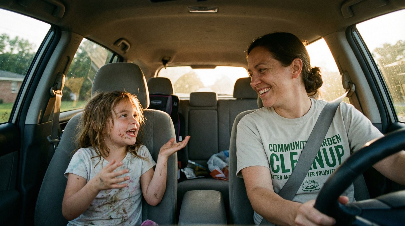 Parent and child having casual conversation in car after volunteering activity