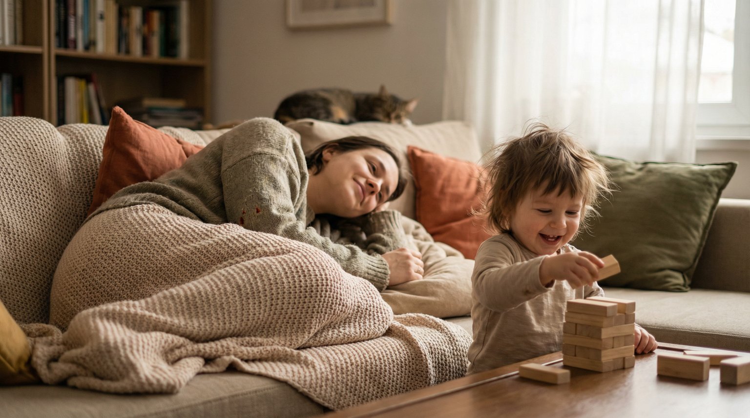 Parent and child together on couch with child happily playing while parent watches with content smile