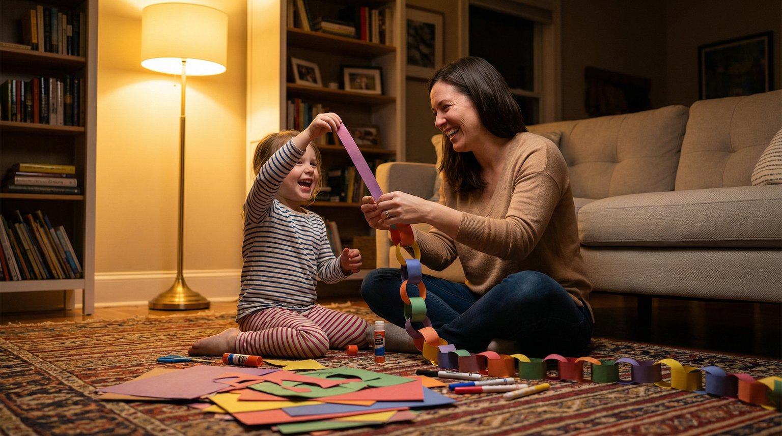 Parent and young child sitting on floor creating handmade paper chain countdown together