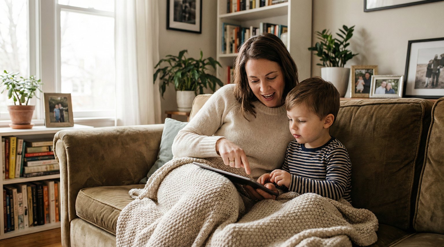 Parent and young child sitting together on couch engaged in co-viewing tablet content