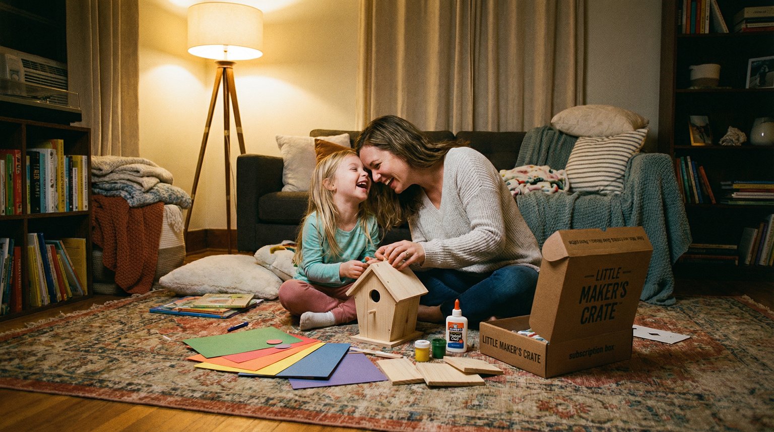 Parent and young child sitting on living room floor assembling craft project together