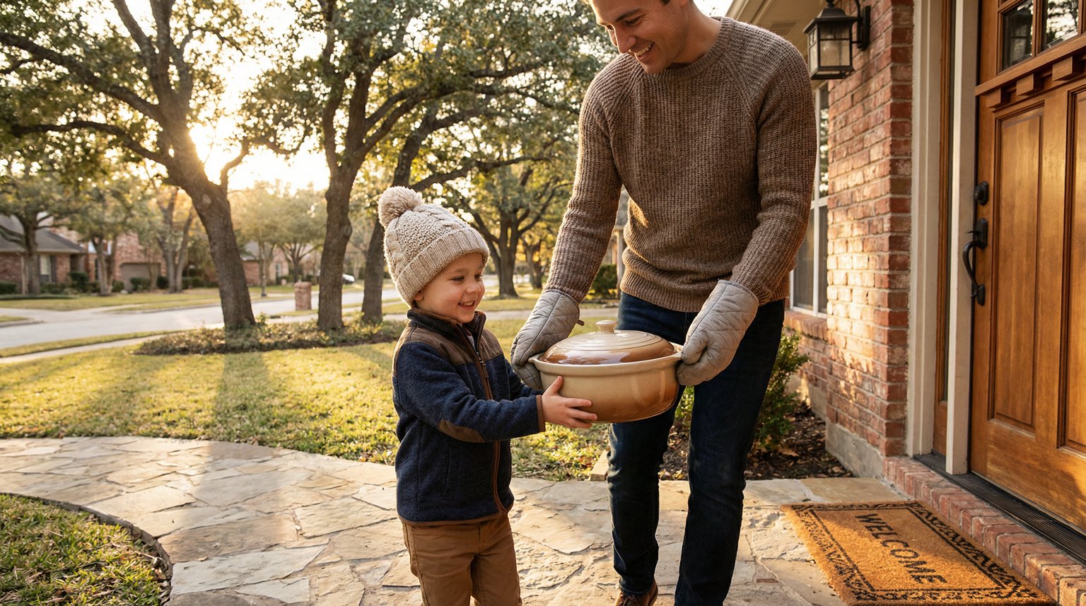 Parent and young child carrying soup together to deliver to neighbor's front door
