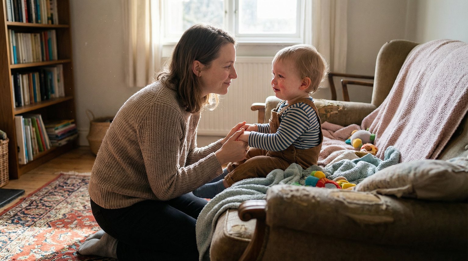Parent kneeling at child's level showing patience while child appears slightly upset but calming