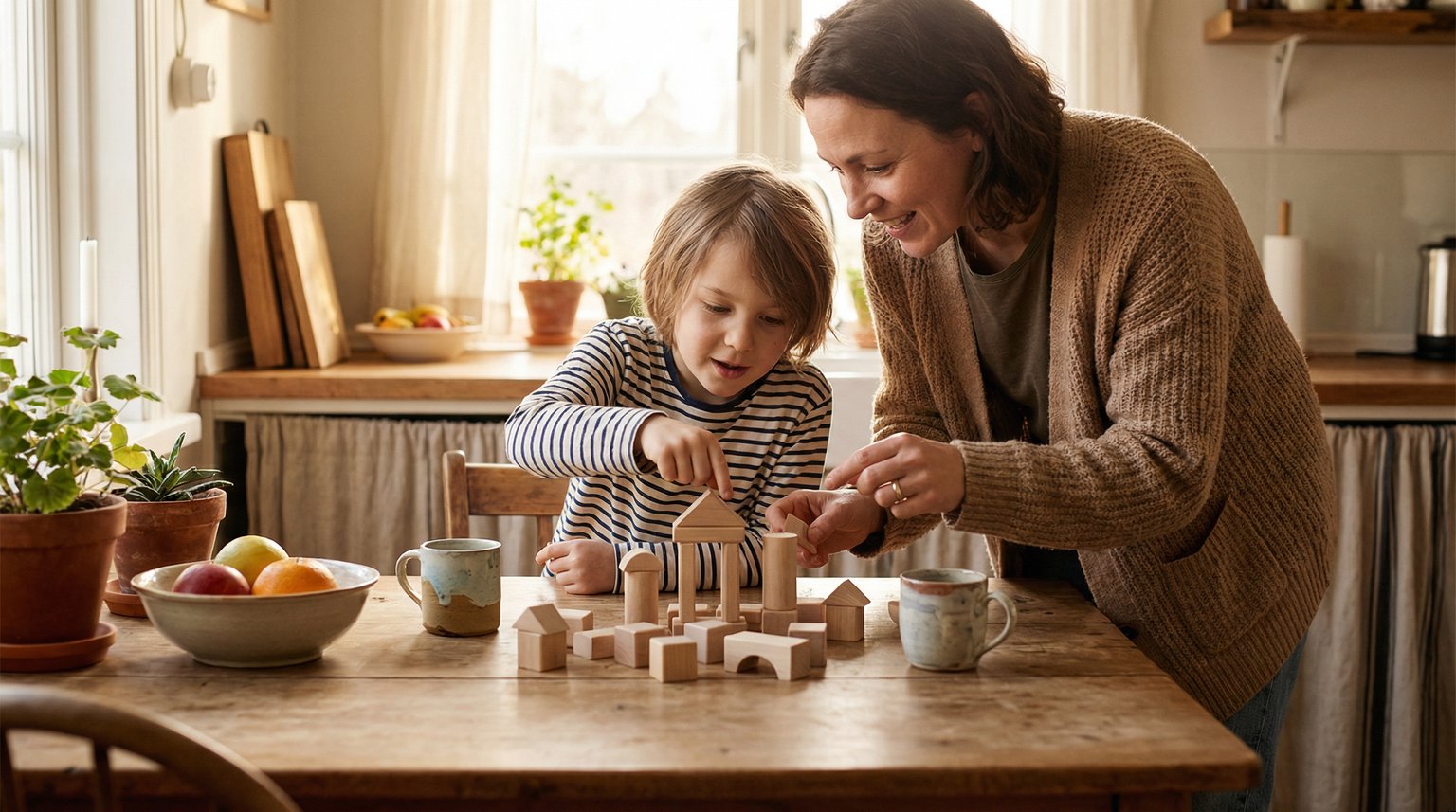 Parent and child sitting at kitchen table together examining a wooden building toy