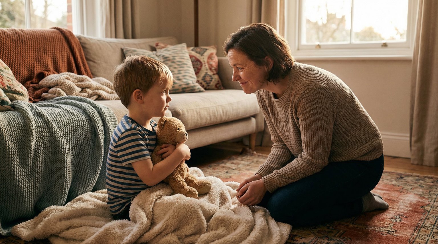 Parent sitting at eye level with preschooler clutching toy protectively, showing patient understanding expression