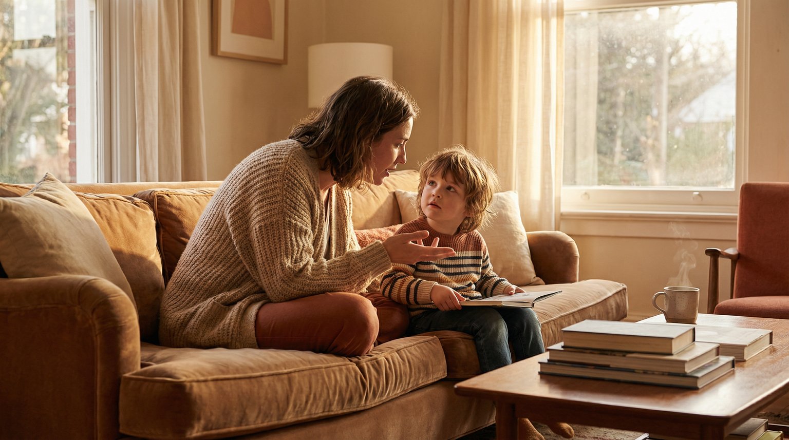 Parent and young child sitting together on couch having gentle conversation in soft afternoon light