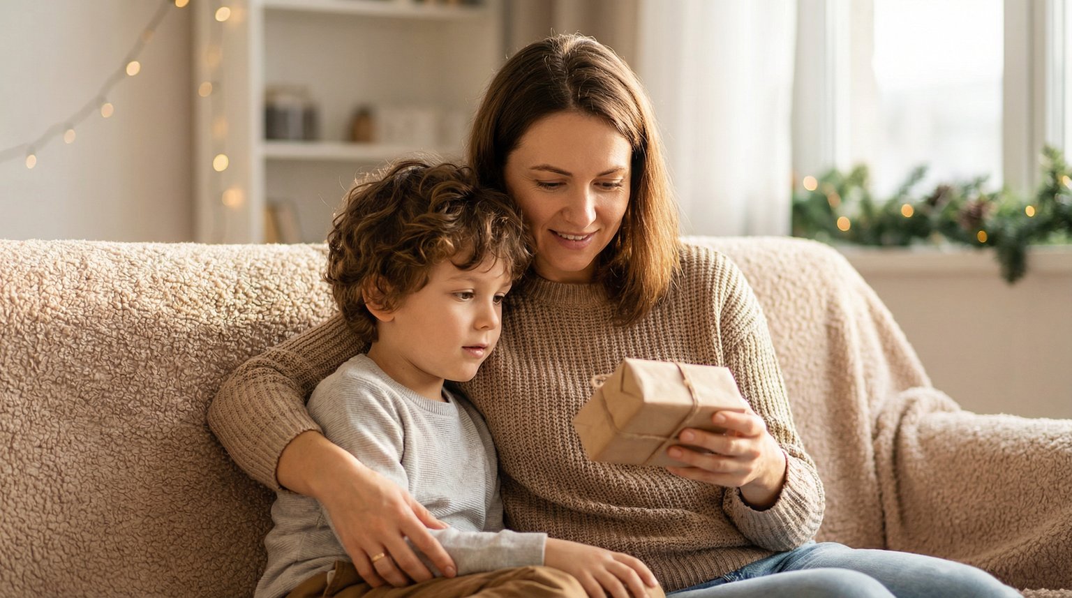 Parent and young child sitting close together on couch looking at a wrapped gift in a tender moment of connection