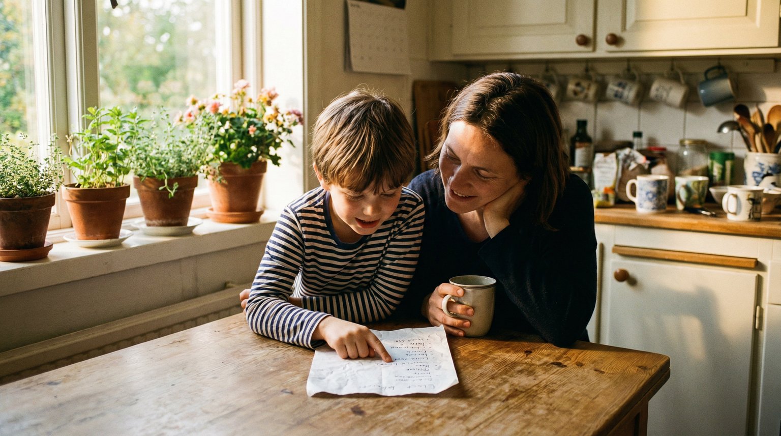 Parent and child sitting together at kitchen table looking at handwritten list in warm morning light