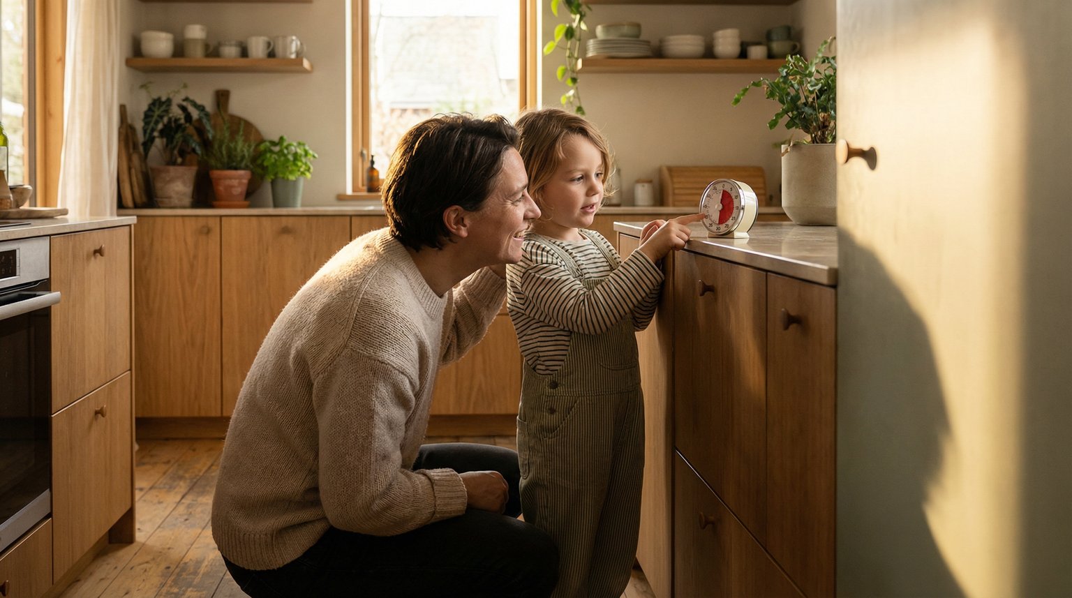 Parent kneeling to childs eye level in kitchen both looking at small timer together with curious expressions