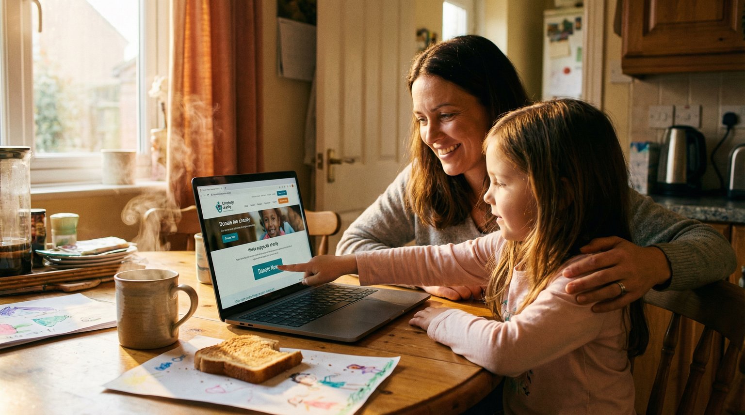 Parent and elementary-age child at kitchen table with laptop, child reaching to click donate button