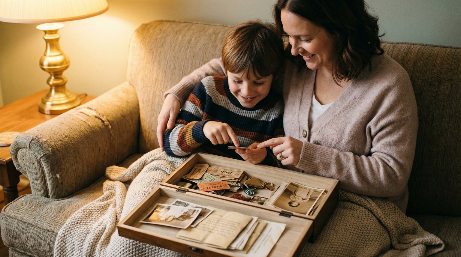 Parent and child sitting on couch looking through memory box filled with photos, ticket stubs, and small treasures