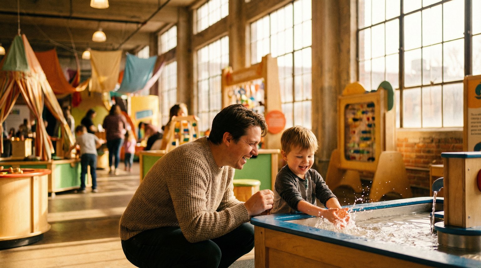 Parent and young child sharing joyful moment at children's museum with hands-on exhibit