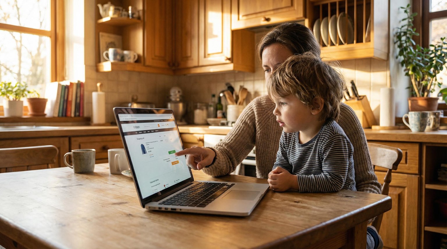 Parent and child at kitchen table looking at laptop shopping cart together in warm afternoon light