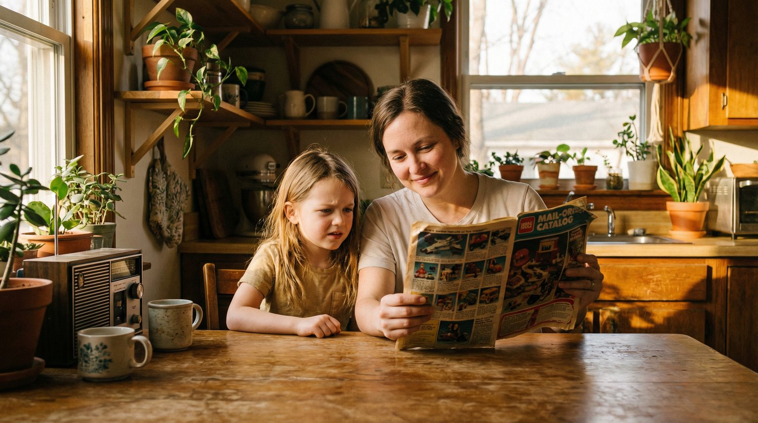 Parent showing old paper catalog to curious elementary-aged child at kitchen table