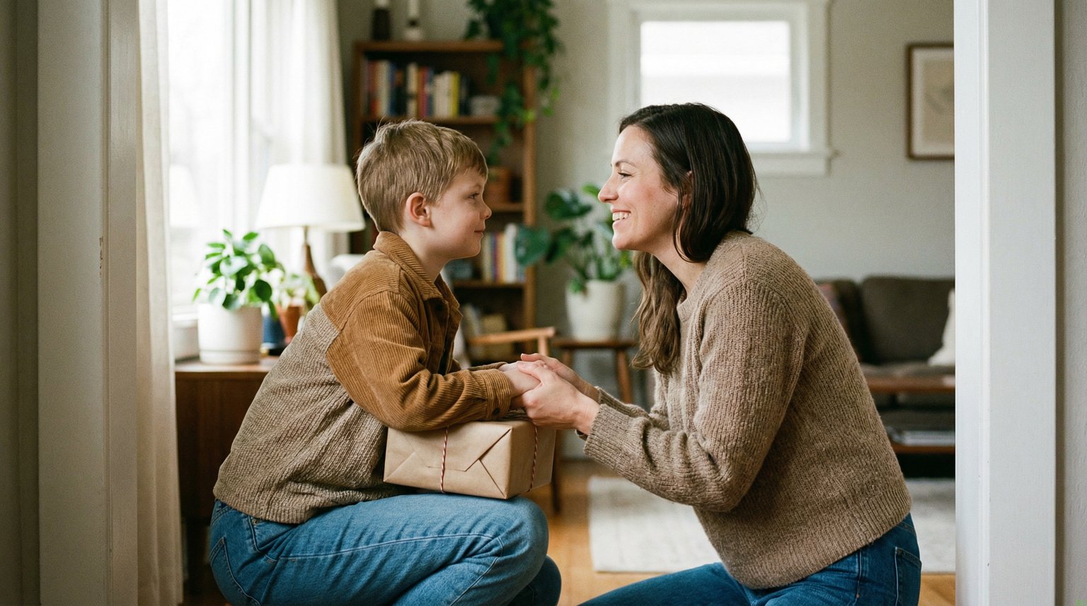 Parent kneeling at eye level with young child holding wrapped gift having gentle conversation before party