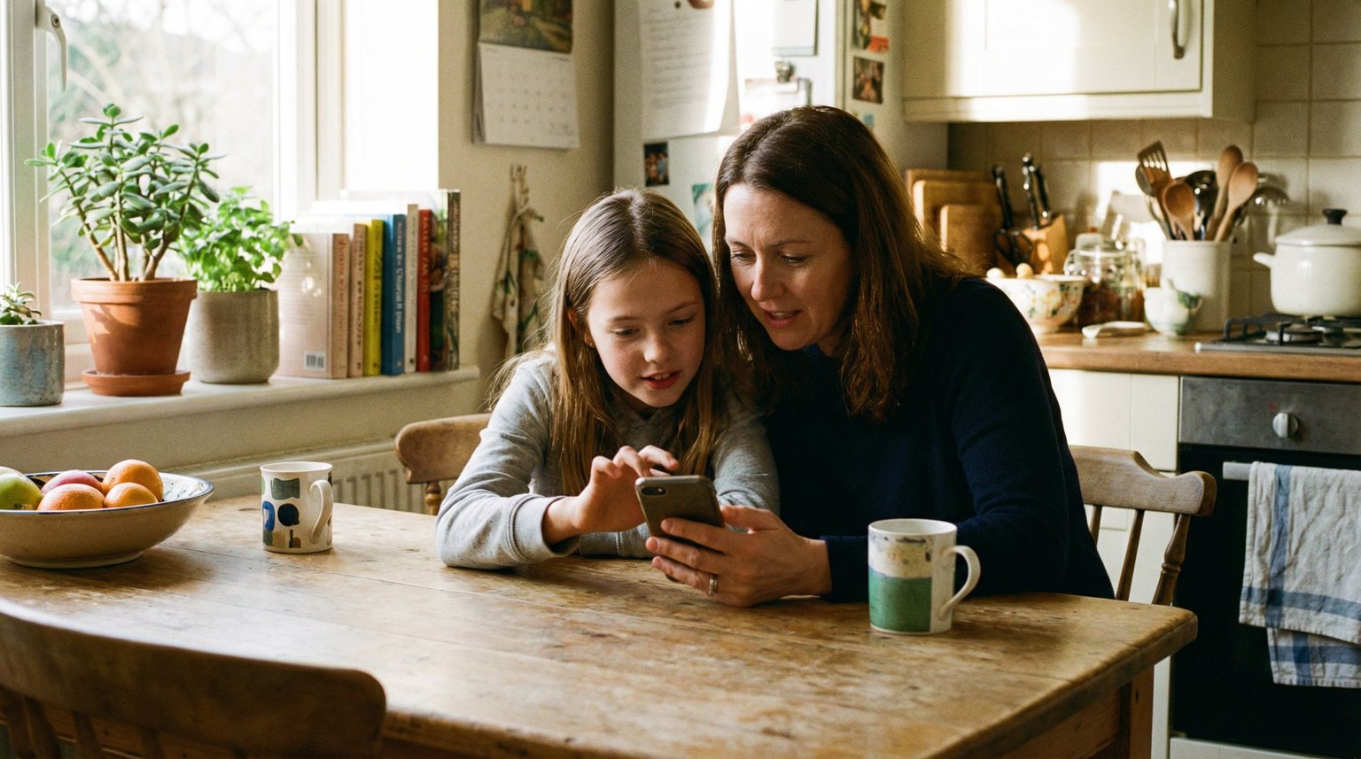 Parent and tween looking at smartphone together at kitchen table with curious expressions