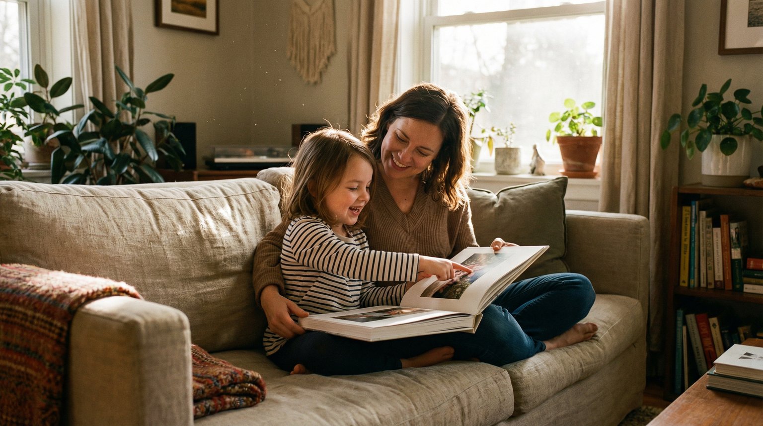 Parent and young child sitting on couch looking through printed photo book together with genuine joy