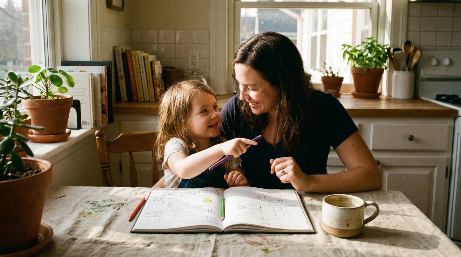 Parent and child sitting at kitchen table with notebook and colored pencils planning together
