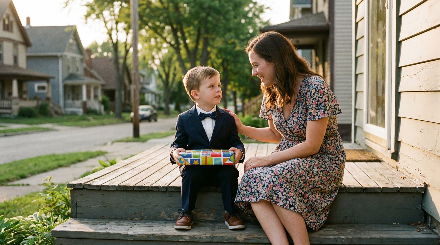 Parent and child sitting together on porch step before party having gentle conversation