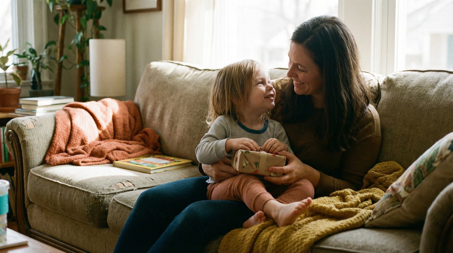 Parent and young child sitting close together on couch sharing warm eye contact while opening a simple gift