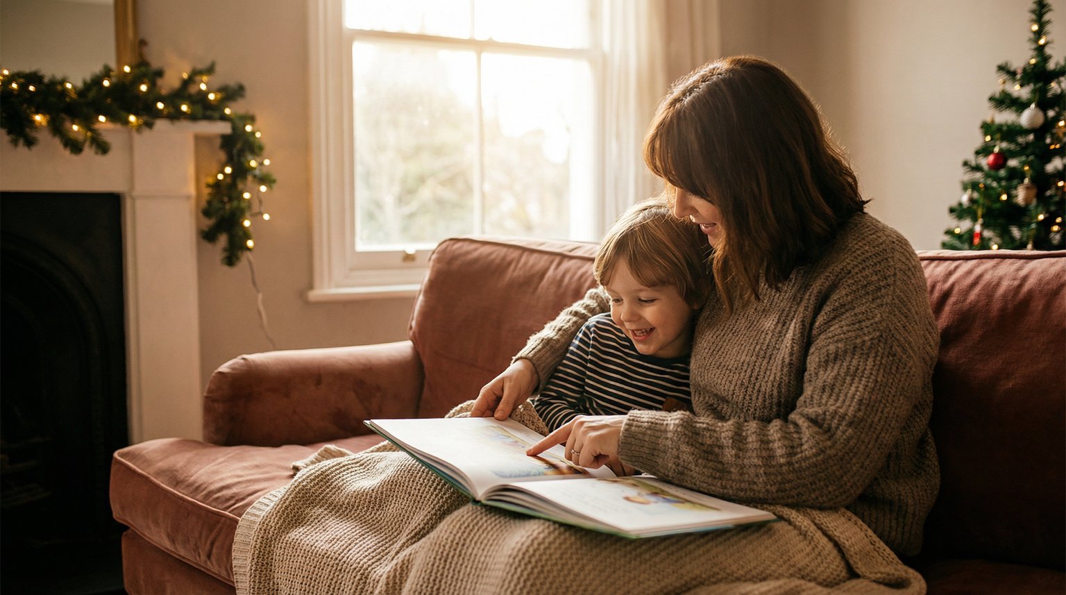 Parent and child reading a picture book together on couch with Christmas decorations in background