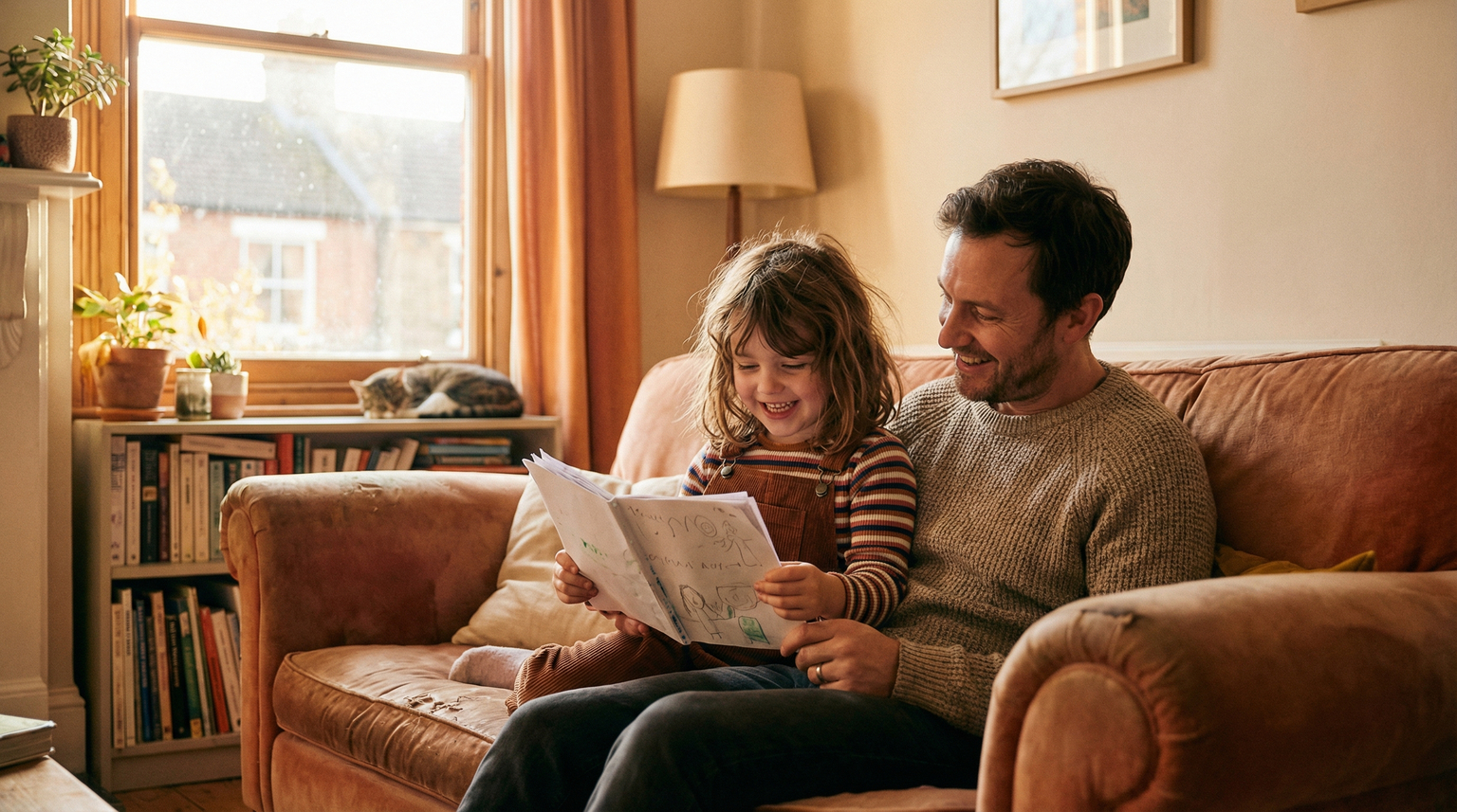 Parent and child sitting together on couch sharing excitement over one special birthday gift