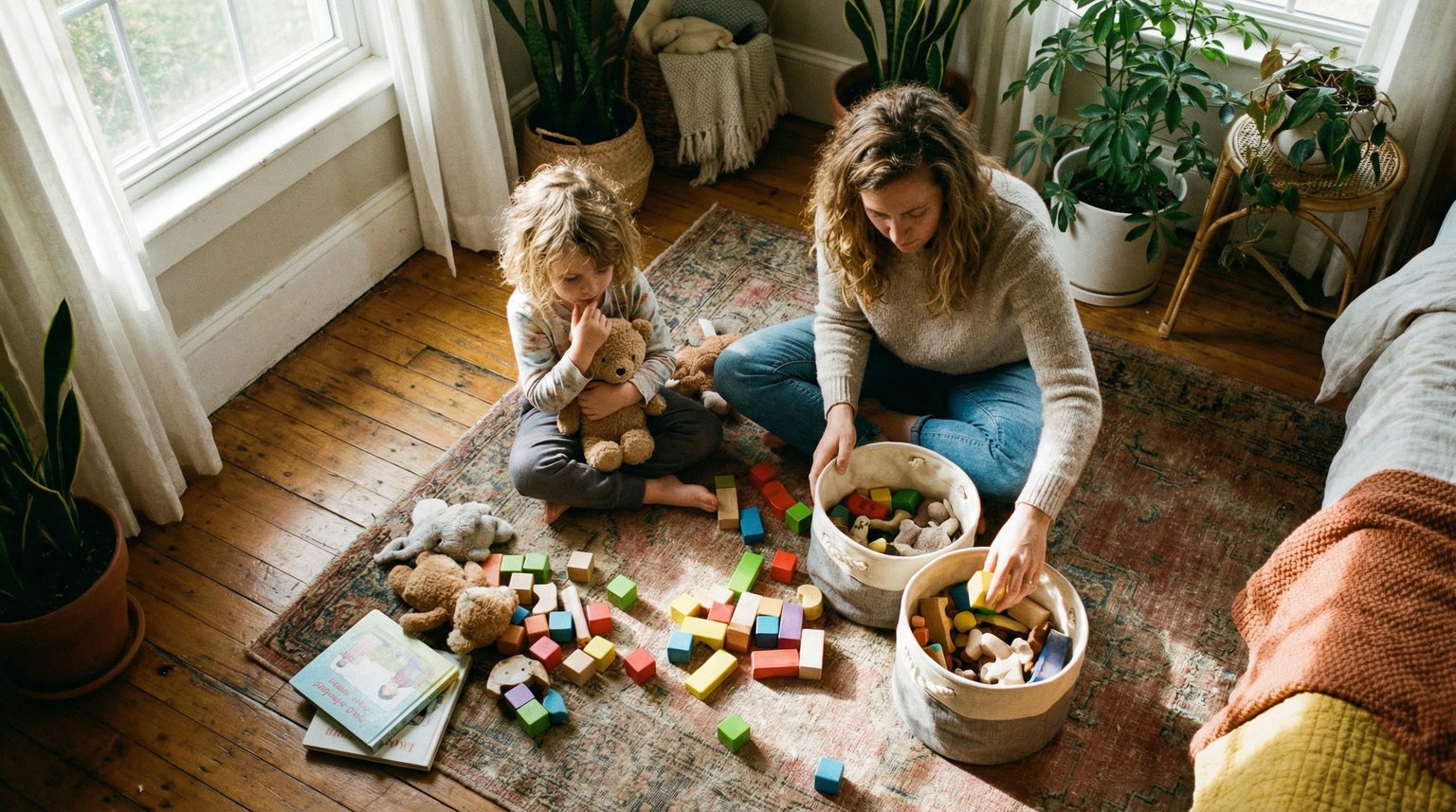 Parent and young child sitting on floor together sorting colorful toys into storage bin