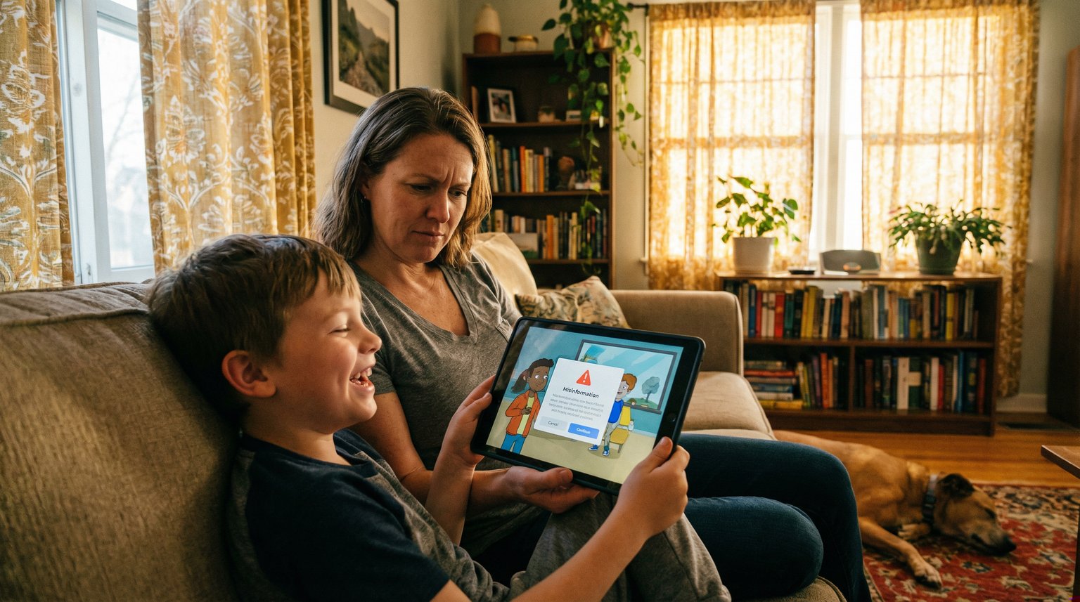 Parent and eight-year-old sitting together on couch looking at tablet with parent showing thoughtful concern