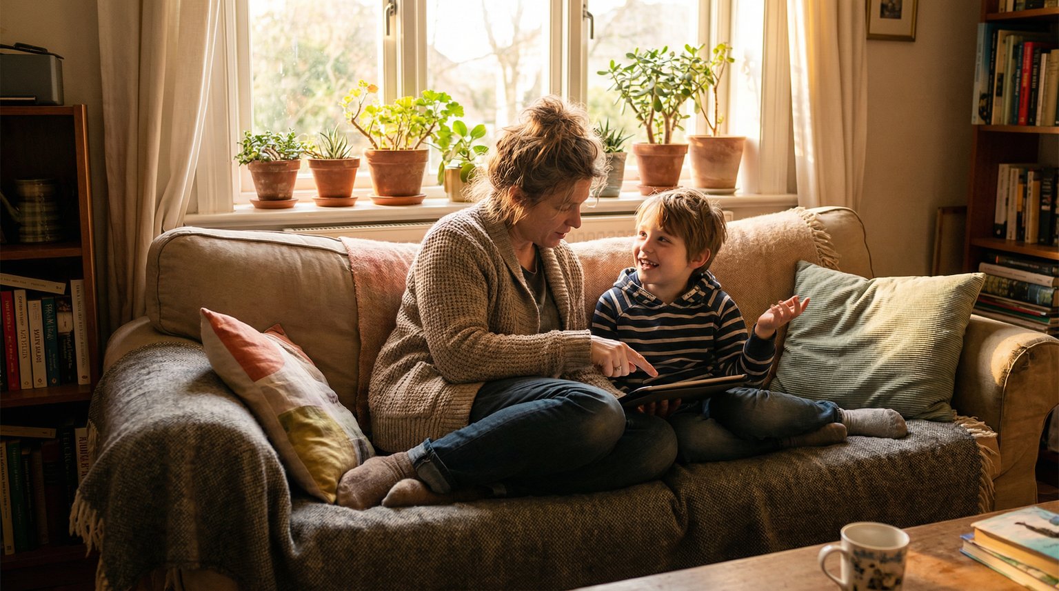 Parent and young child laughing together while looking at tablet and having a genuine conversation