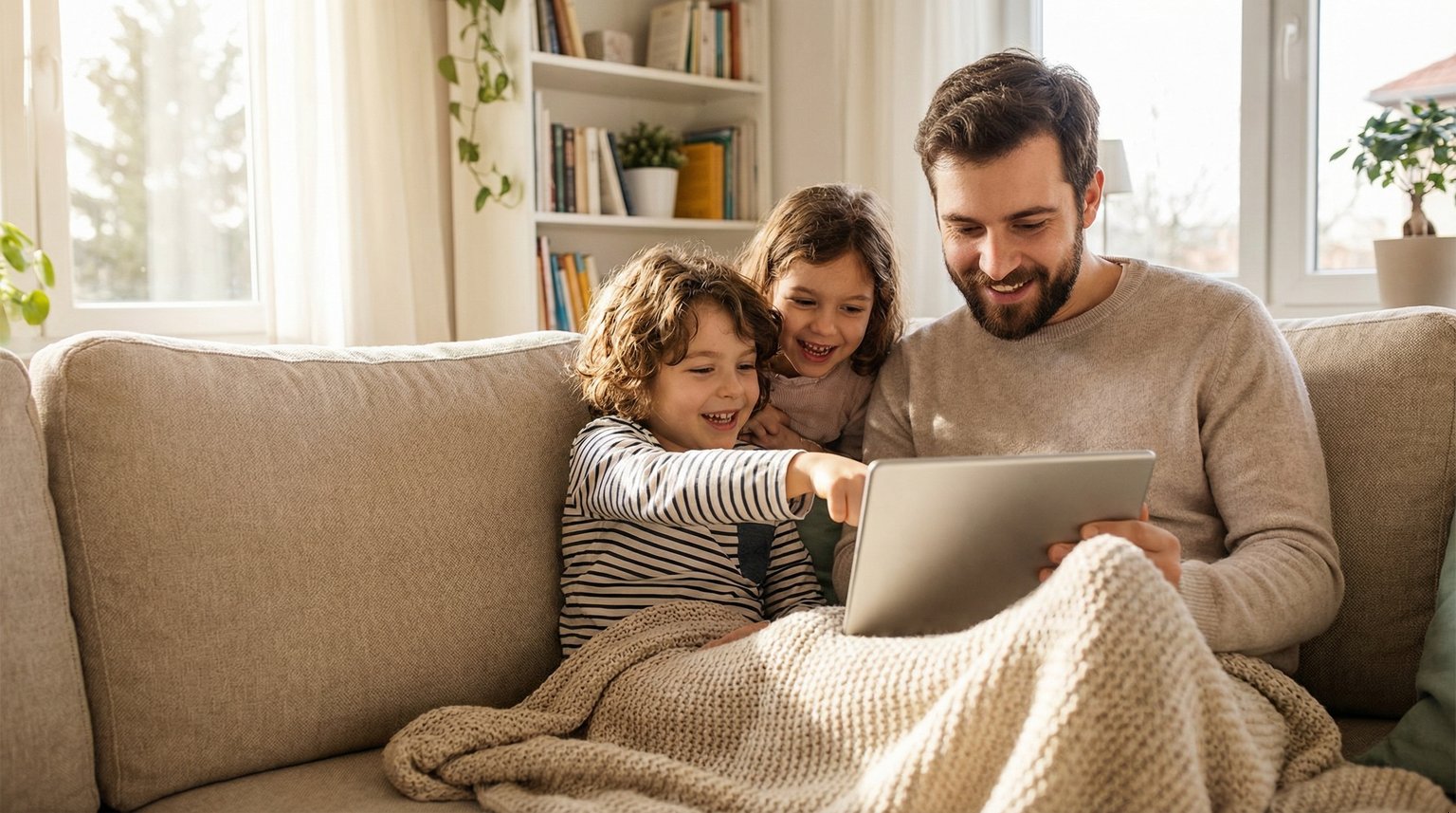 Parent and eight-year-old child sitting together on couch looking at tablet screen with child pointing enthusiastically