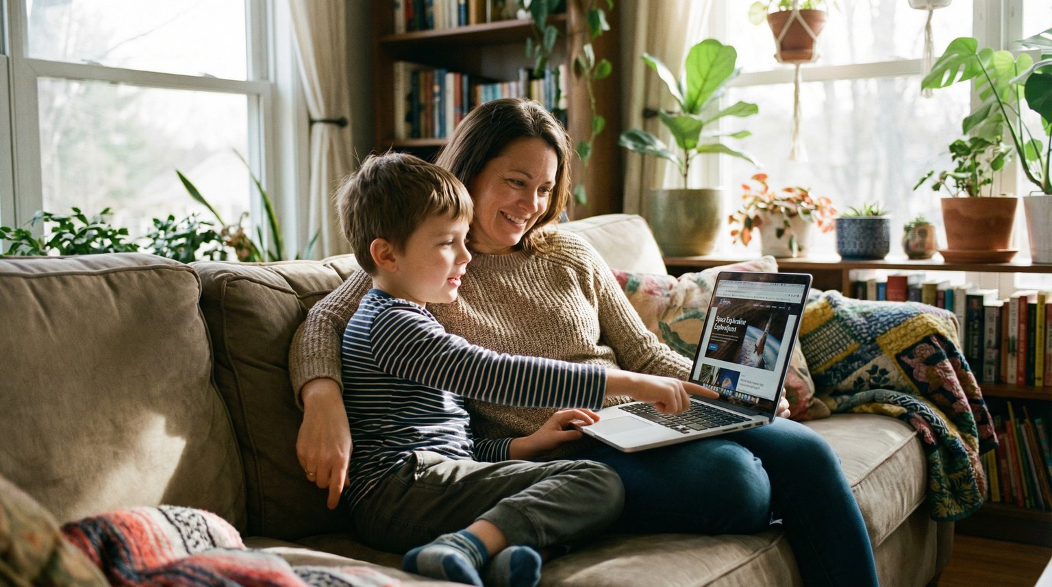 Parent and child sitting on couch looking at tablet screen together while child points with engaged curious expression