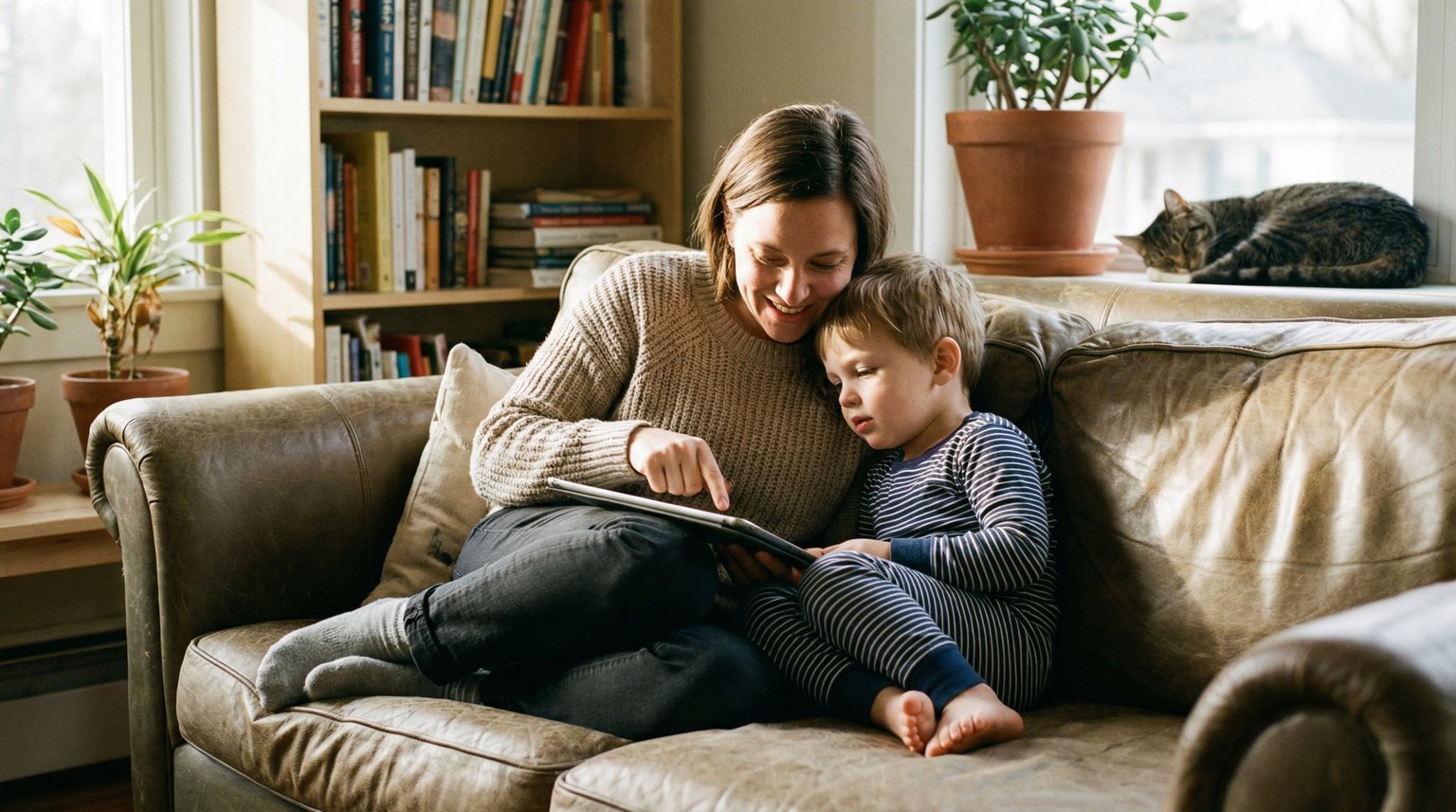 Parent and young child sitting together on couch looking at tablet with engaged curious expressions