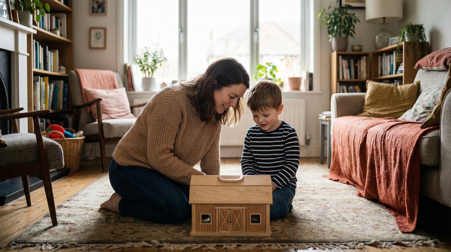 Parent kneeling at child level having warm conversation about a toy in cozy living room with natural light