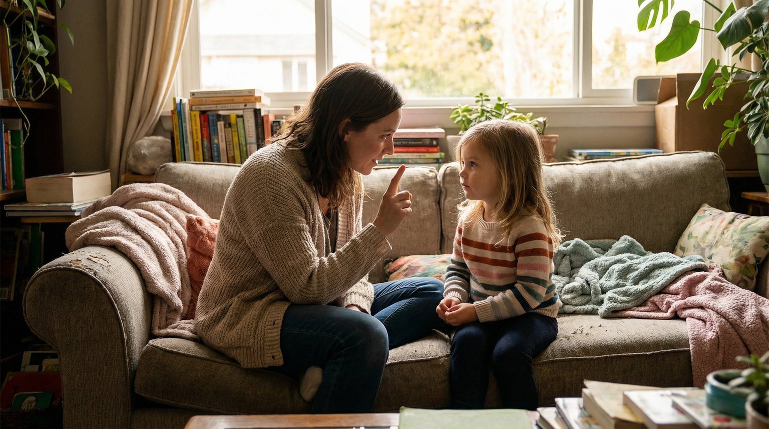 Parent making eye contact with young child while holding up one finger in calm wait gesture on couch