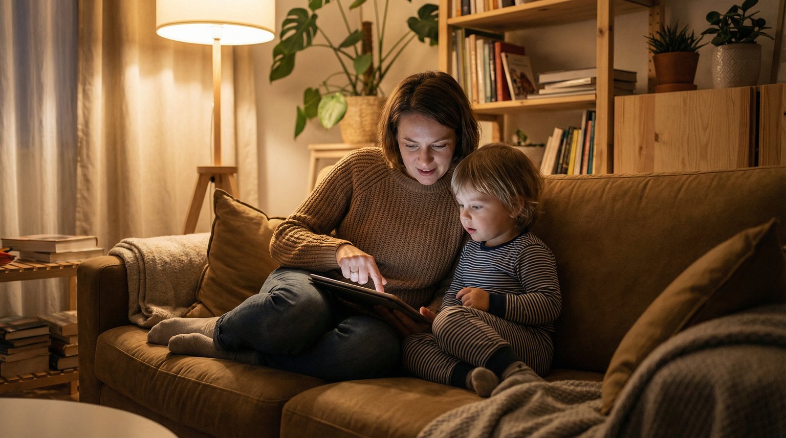 Parent and young child sitting together on couch looking at tablet with parent showing concerned expression