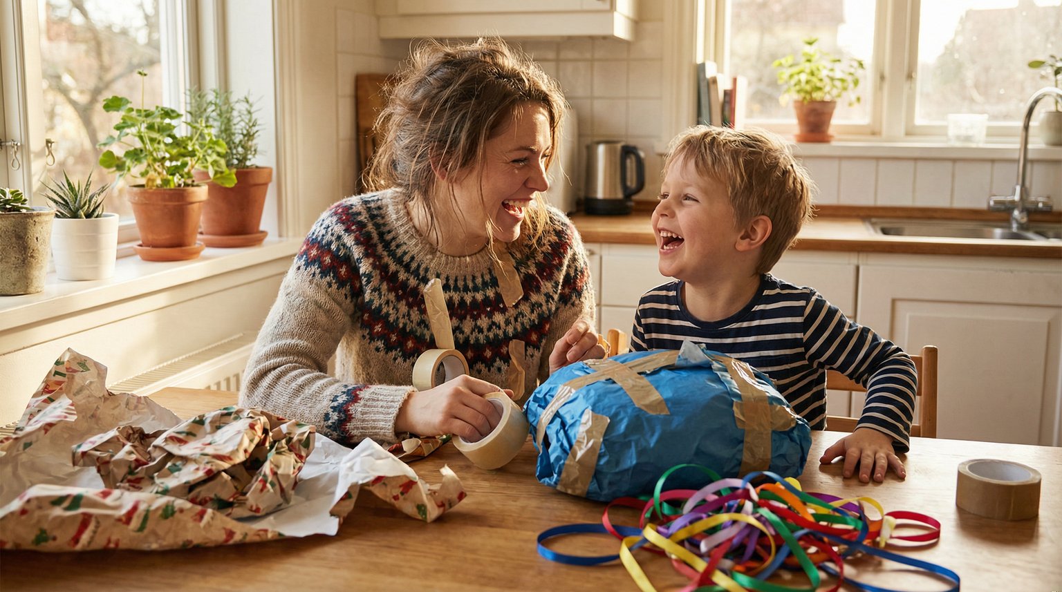 Parent and young child laughing together while messily wrapping a gift with crinkled paper and tangled ribbon