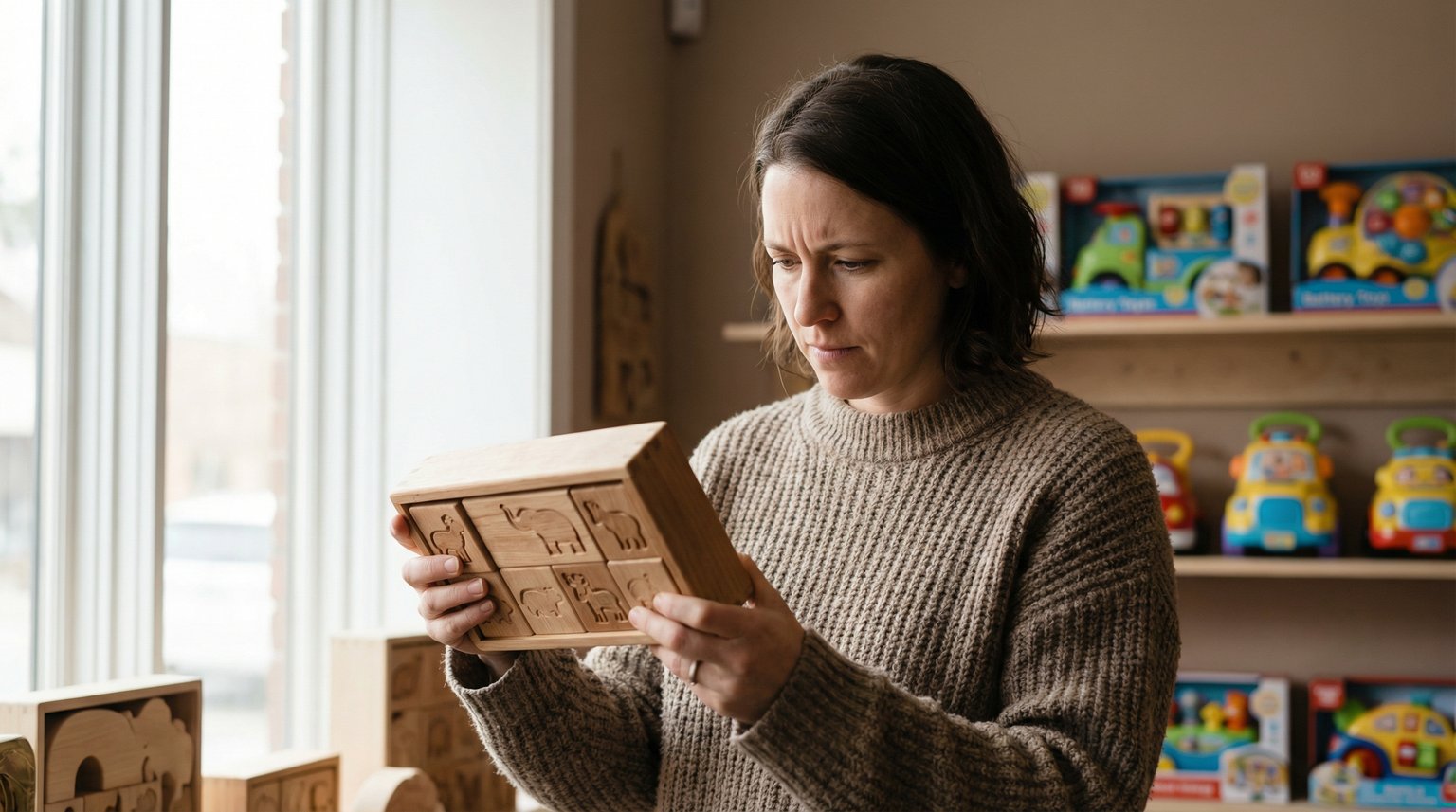 Thoughtful parent examining wooden toy set while considering purchase in store