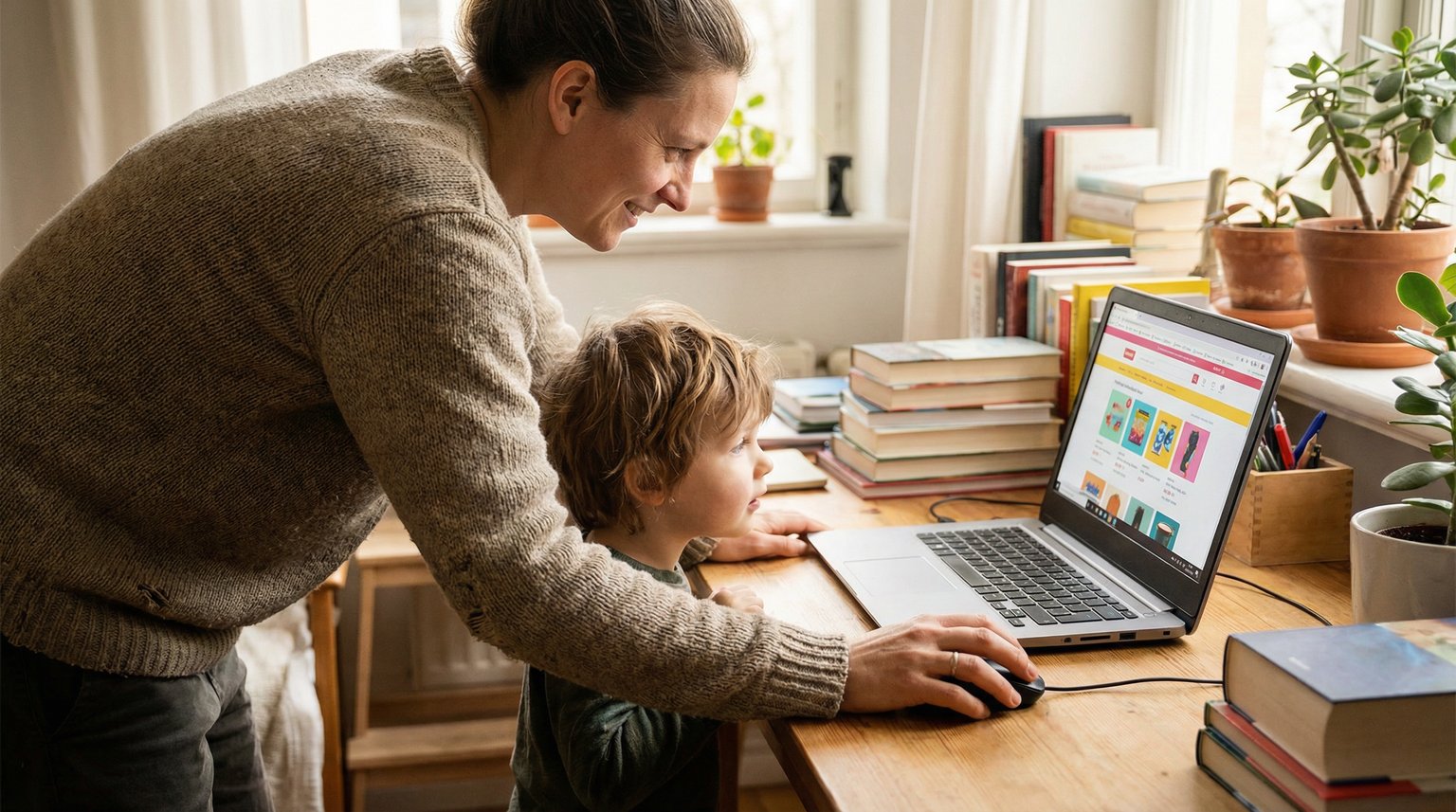 Parent at home office desk deliberately closing shopping browser tab while young child watches nearby